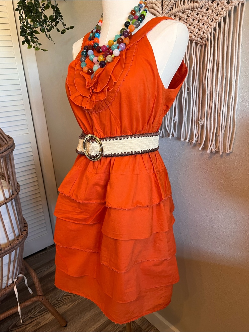 Maeve Orange Ruffle Tiered Mini Dress NWOT (Belt & Necklace not included) - Picture 3 of 9